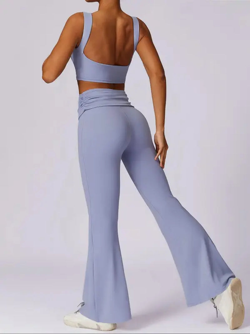 Two-Piece Set Women'S Plain Tracksuit Set, Sport Backless Crop Tank Top & Ruched High Waist Flare Leggings