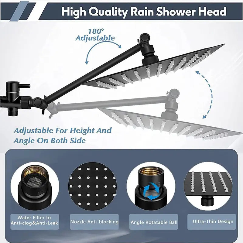 Square Rainfall Shower Head & Extension Arm & Hand Spray Shower Head