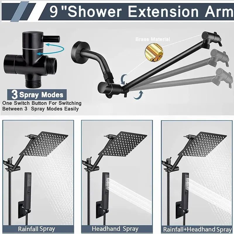 Square Rainfall Shower Head & Extension Arm & Hand Spray Shower Head