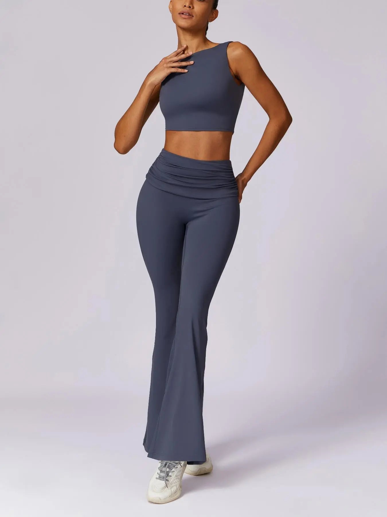 Two-Piece Set Women'S Plain Tracksuit Set, Sport Backless Crop Tank Top & Ruched High Waist Flare Leggings