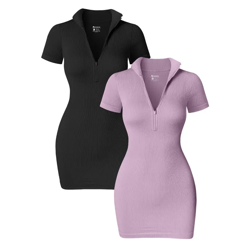  Women's Short Lapel Zip Tight Dress