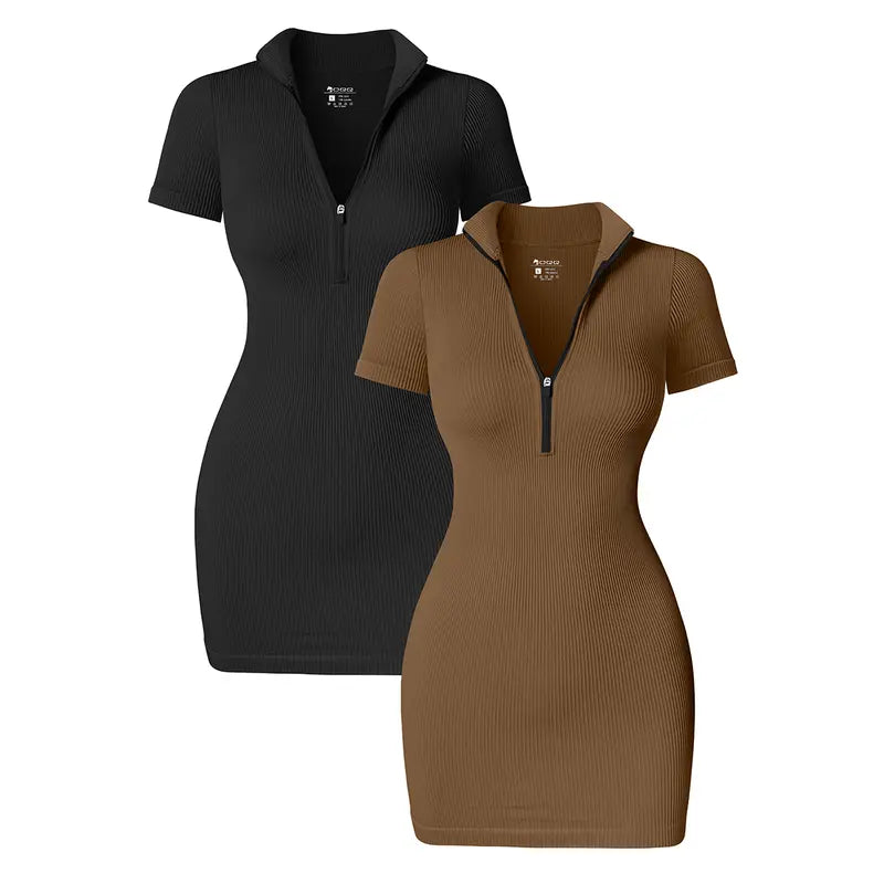  Women's Short Lapel Zip Tight Dress