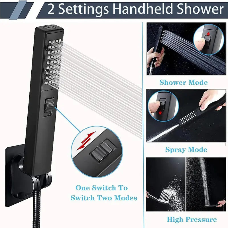 Square Rainfall Shower Head & Extension Arm & Hand Spray Shower Head