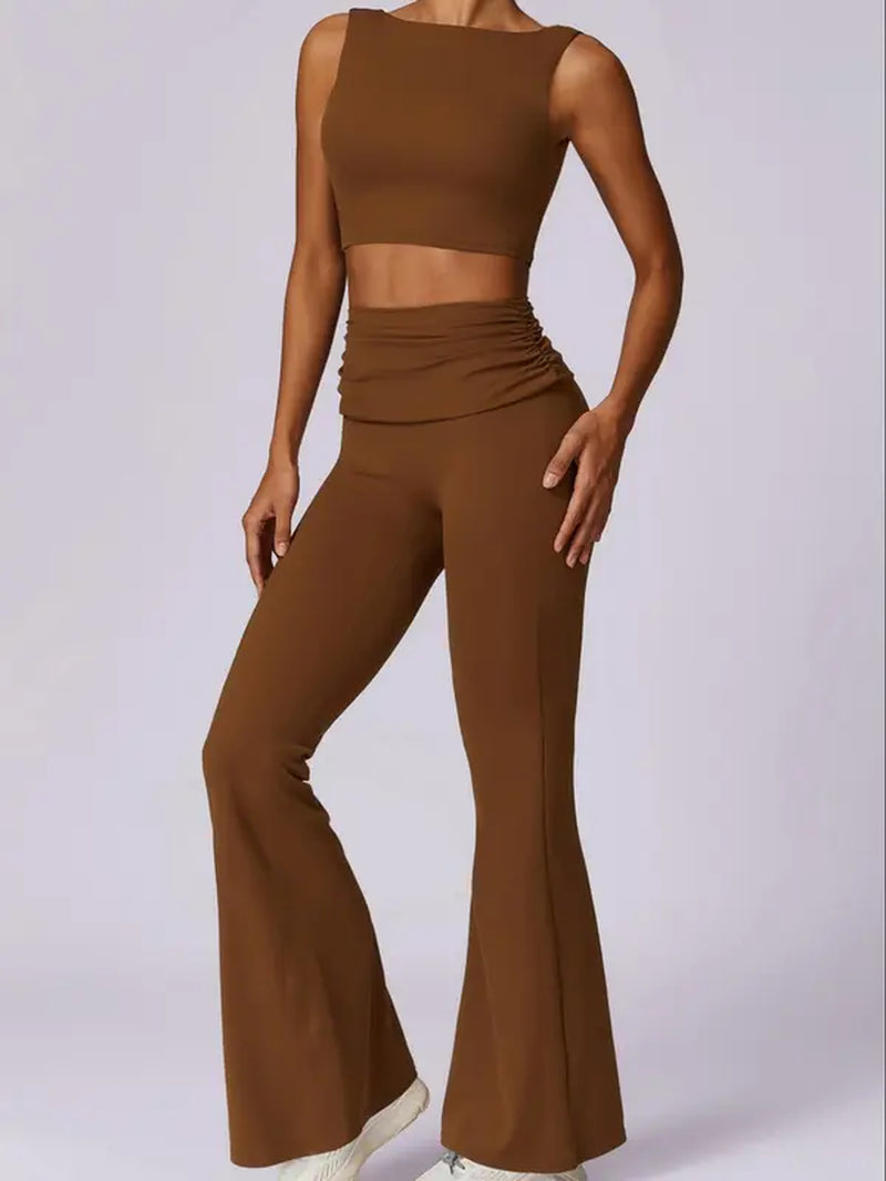 Two-Piece Set Women'S Plain Tracksuit Set, Sport Backless Crop Tank Top & Ruched High Waist Flare Leggings